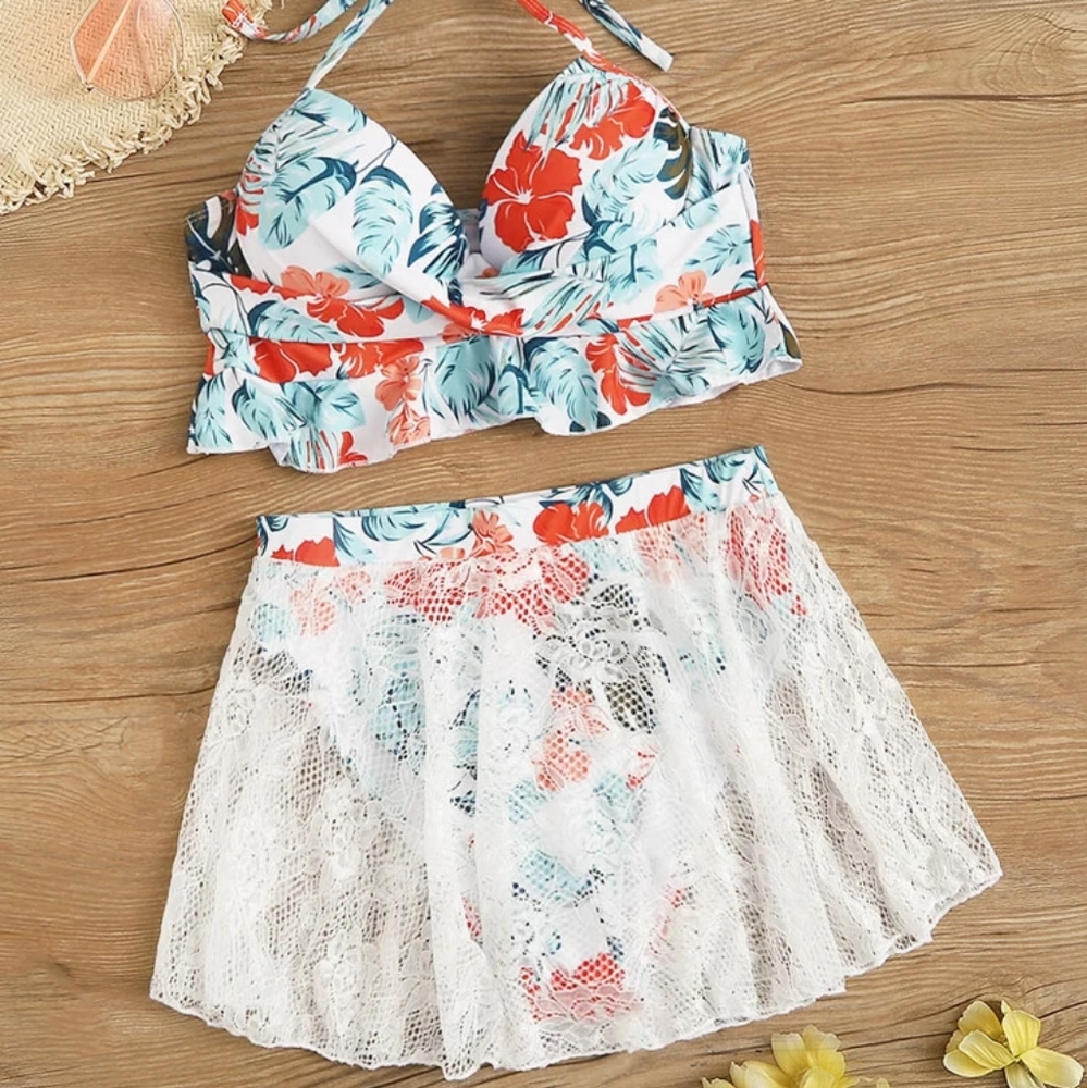 NWT- Adorable Halter Bikini with Lace Skort
